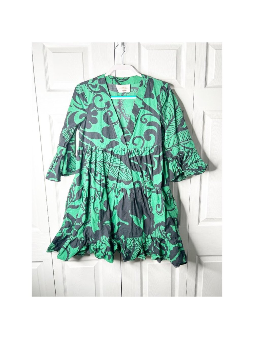 Double J Jennifer Jane Green Black Printed Cotton Dress Women's Size Medium M